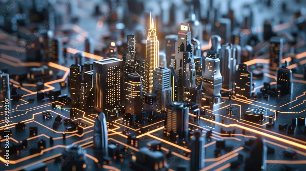 Poster A detailed view of a city on a computer circuit board