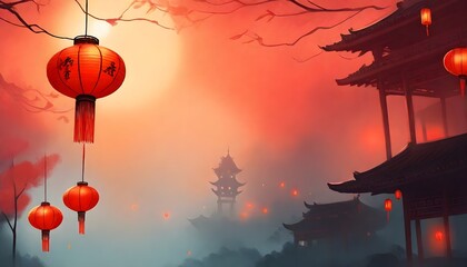 Traditional Chinese Lanterns Against a Misty Sunset