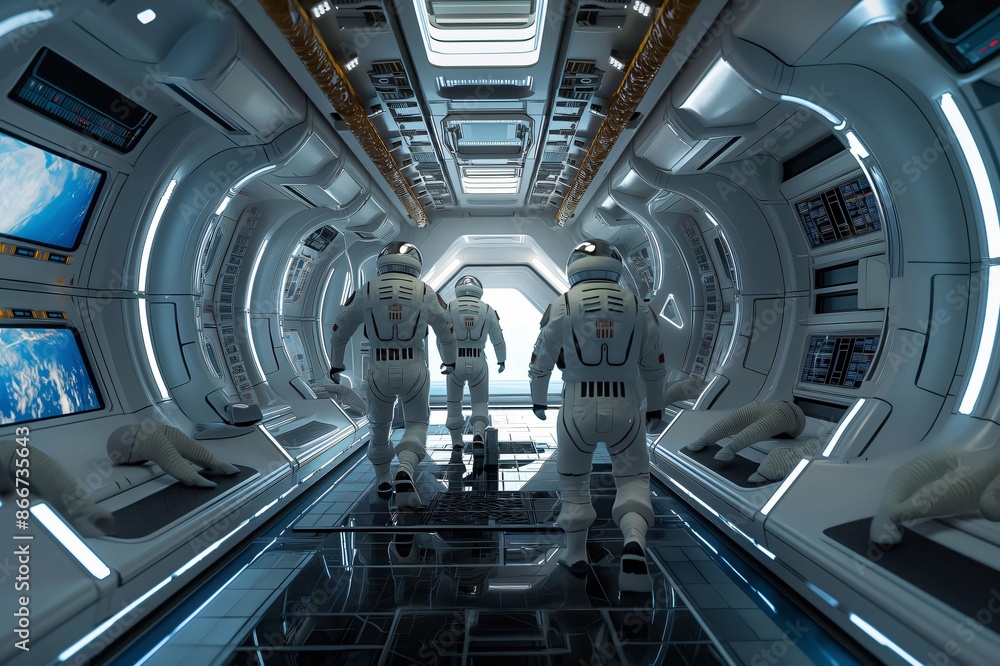 Poster team of astronauts is exploring a futuristic spaceship, walking through a long corridor with glowing