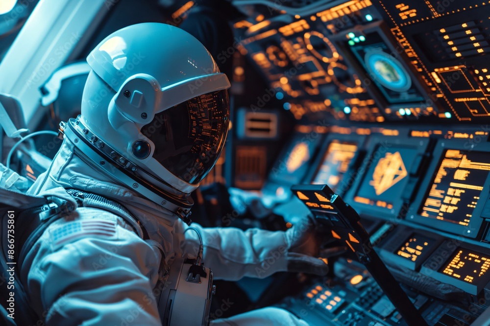 Poster astronaut in a futuristic spacesuit pilots a sleek spaceship in a high tech control room, exploring 