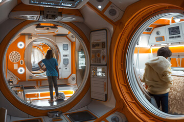 Two young astronauts exploring their rotating space habitat with artificial gravity, enjoying the feeling of weightlessness in space