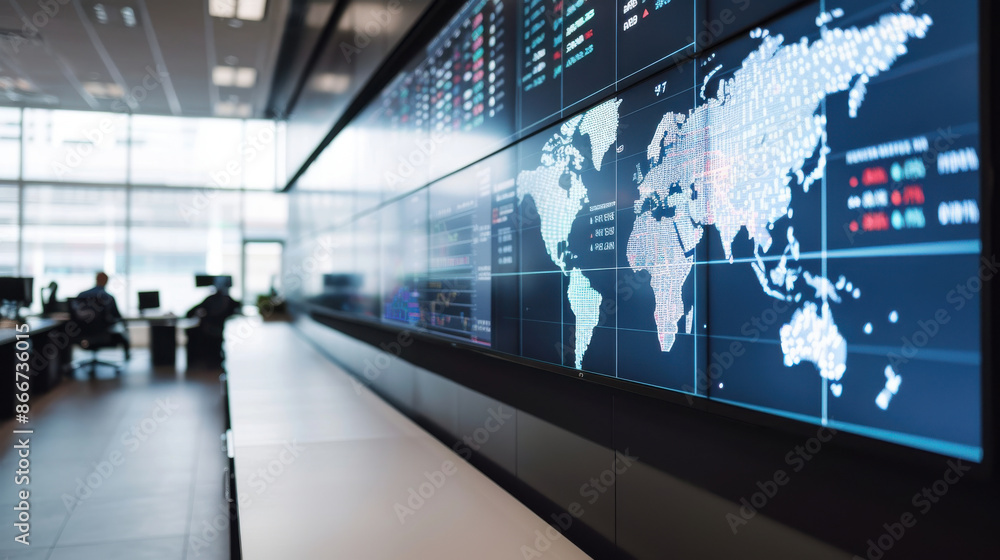 Poster high-tech digital world map with global data analytics displayed on a futuristic screen, representin