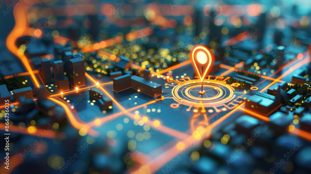 Poster abstract digital city map with glowing navigation pins, representing gps or location tracking techno