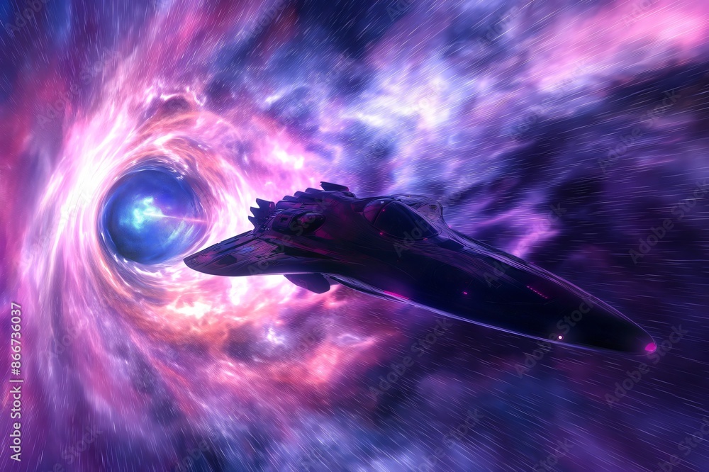 Poster futuristic interstellar spaceship is exploring a wormhole in deep space, surrounded by vibrant color
