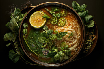 Aromatic Vietnamese Pho with Rice Noodles, Fresh Herbs, Chili Peppers, and Lime