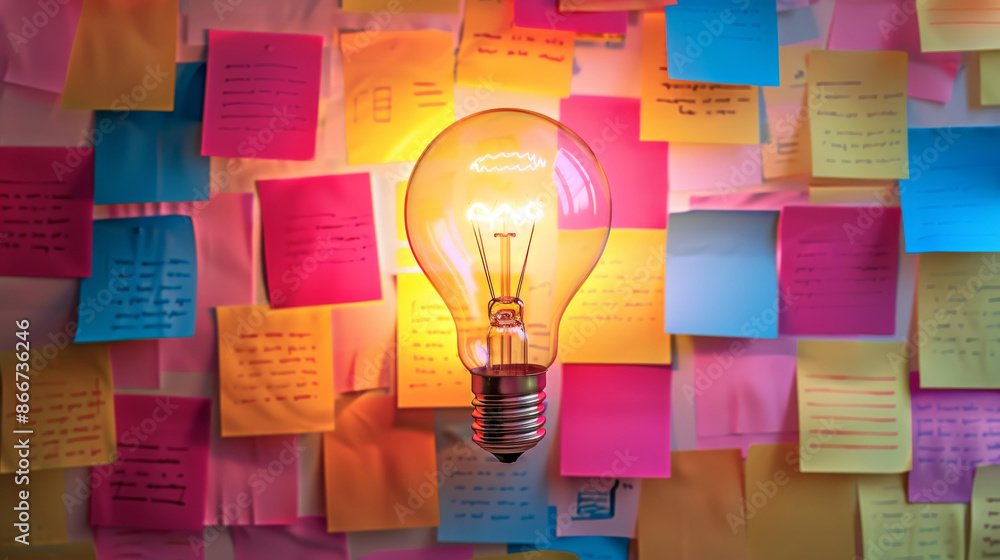 Poster a light bulb is lit up in front colorful sticky notes, brainstorming and solution idea concept.