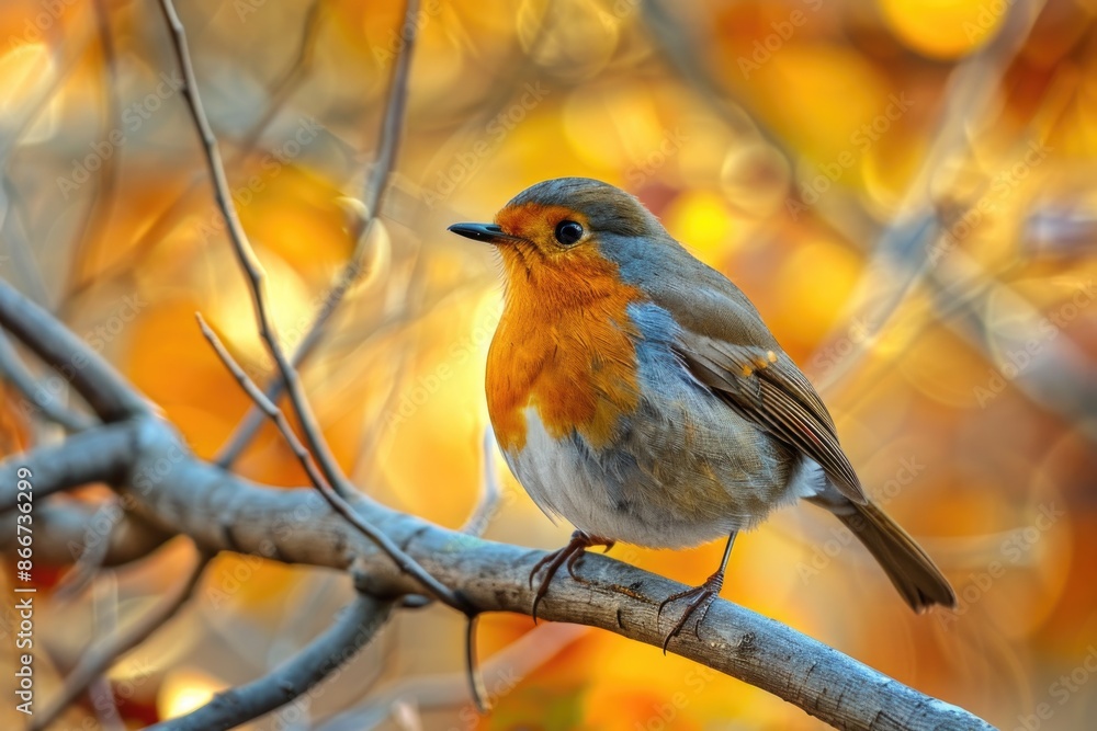 Poster a small bird sitting on a tree branch, looking around