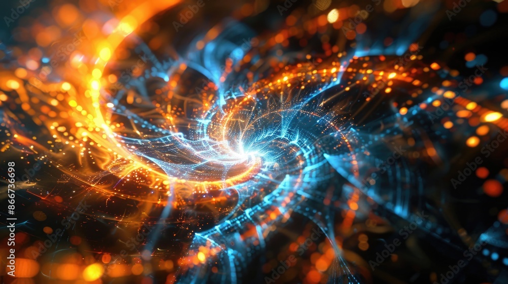 Poster a colorful spiral pattern on a blue and orange background, ideal for use as a graphic element or abs