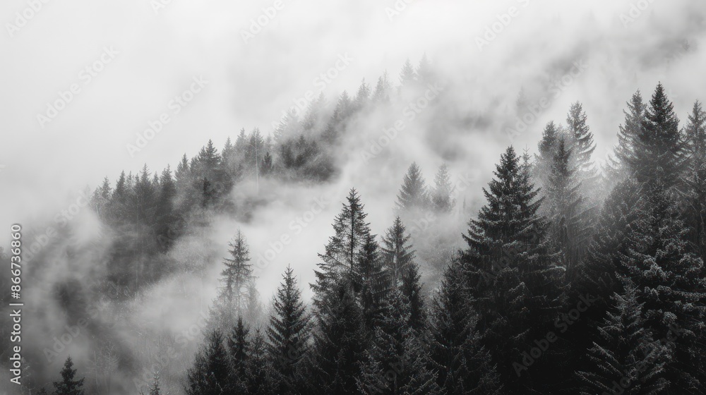 Poster the image is a black and white photo of a forest with foggy trees. generate ai image