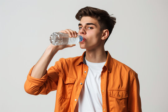 Young man wearing white t-shirt and orange button-up shirt drinking water from plastic bottle against white background. - Powered by Adobe