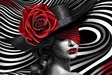 Elegant Woman in Hat with Red Rose in Surreal Art Style
