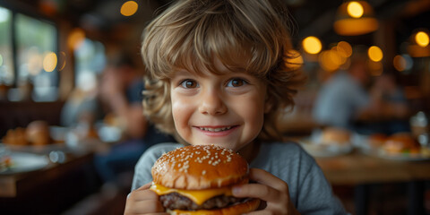A little boy eating a cheeseburger in a restaurant