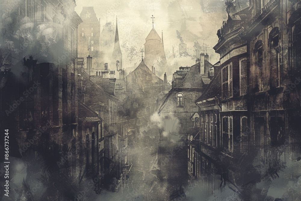 Poster urban landscape featuring a bustling city street with a historic clock tower in the background, suit