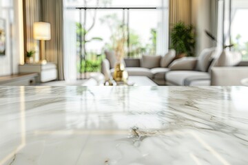 For a showcase montage, a white marble top table is placed over a light living room background.