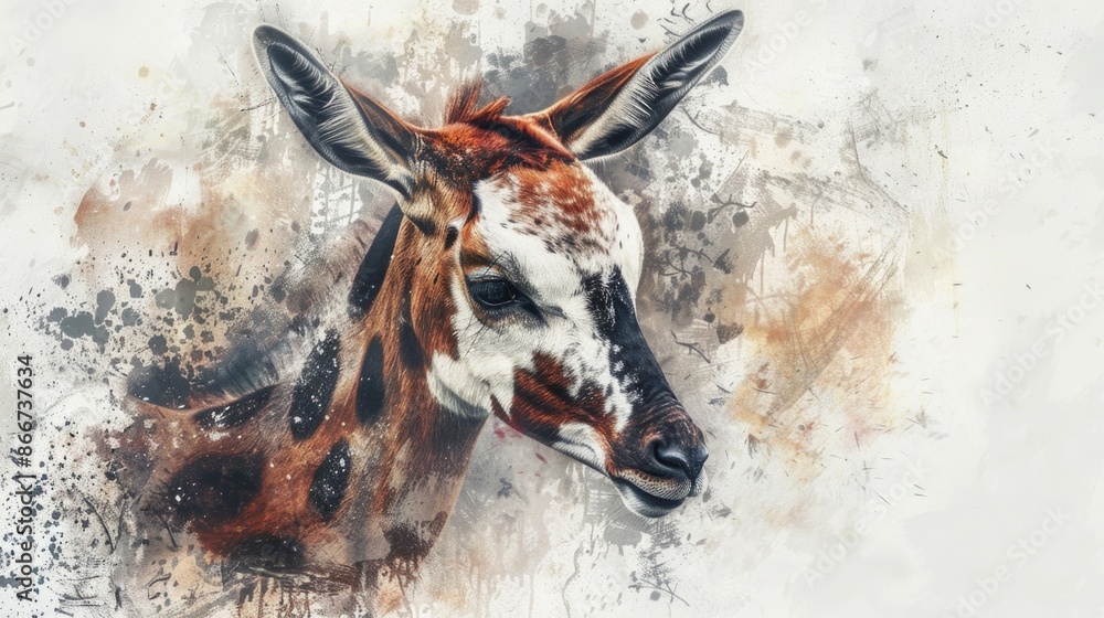 Poster a close-up of a giraffe's head with distinctive horns, suitable for use in illustrations or as a uni