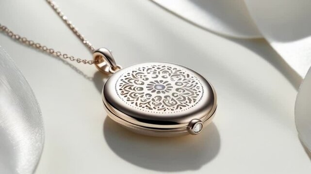 a delicate, silver locket necklace with a subtle, filigree design. 