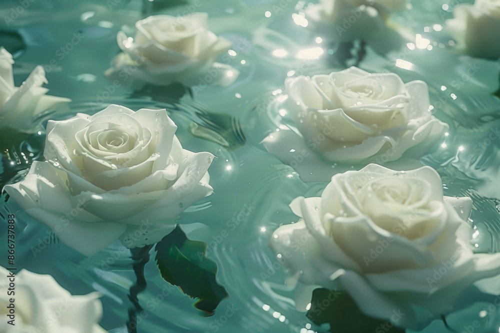 Poster a group of white roses floating on the surface of calm water