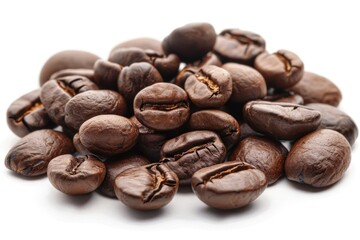 A stack of coffee beans on a clean white surface