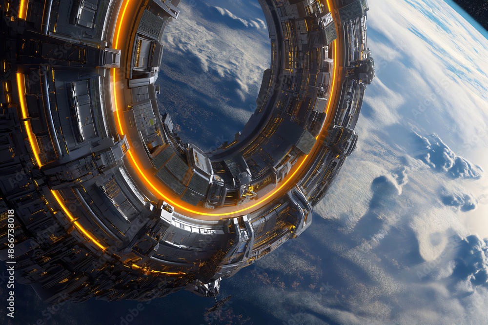 Poster giant space station with interconnected modules is orbiting planet earth while smaller spacecrafts a