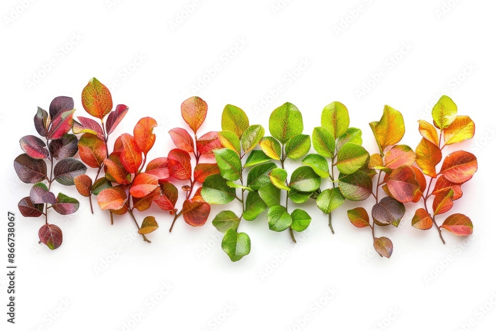 Poster a collection of colorful leaves arranged on a white background