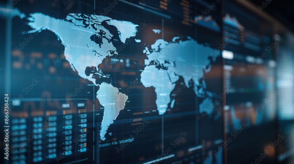 Poster high-tech digital world map with global data analytics displayed on a futuristic screen, representin