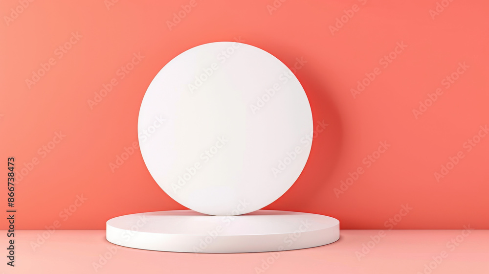 Poster minimalist white circular platform with red background ideal for product display, presentation, or a