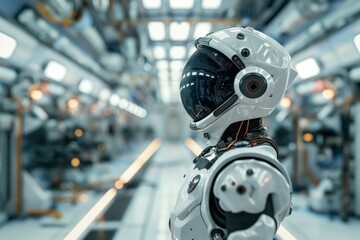 Fototapeta premium Robot engineer wearing a spacesuit, inspecting a space factory manufacturing high tech components