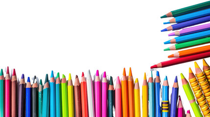 Fototapeta premium Colorful crayons on a white board, drawing pictures back to school background on a white background