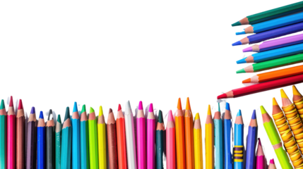 Colorful crayons on a white board, drawing pictures back to school background on a white background