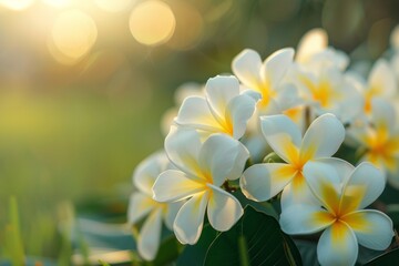 Fototapeta premium Blurred backdrop of white plumeria flowers