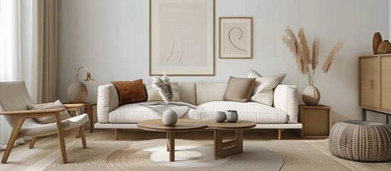 Real estate and modern interiors blog showcasing a cozy living room with furniture and decor elements in a simple Scandinavian design