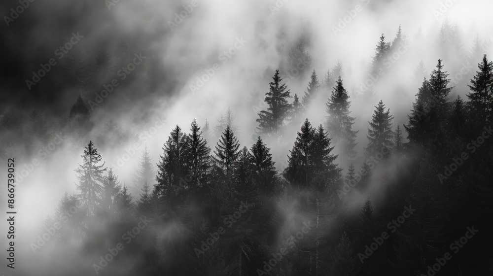 Poster the image is a black and white photo of a forest with foggy trees. generate ai image