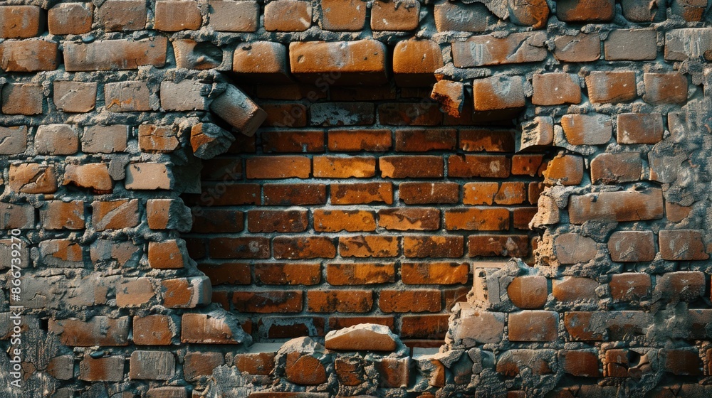 Poster a worn-out brick wall with a hole in it, suitable for use in scenes where something is broken or dam
