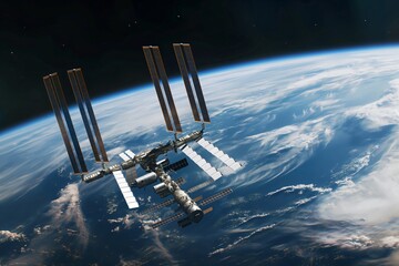 The international space station is orbiting earth with its solar panels deployed, showcasing the advancements in space exploration