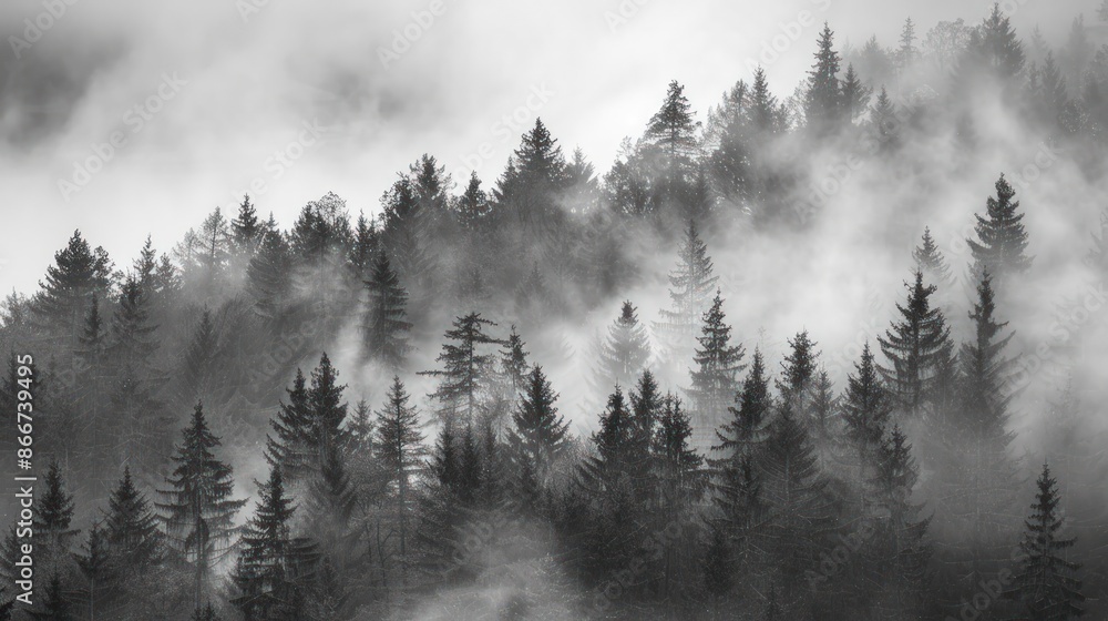 Poster the image is a black and white photo of a forest with foggy trees. generate ai image