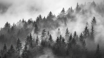 The image is a black and white photo of a forest with foggy trees. Generate AI image