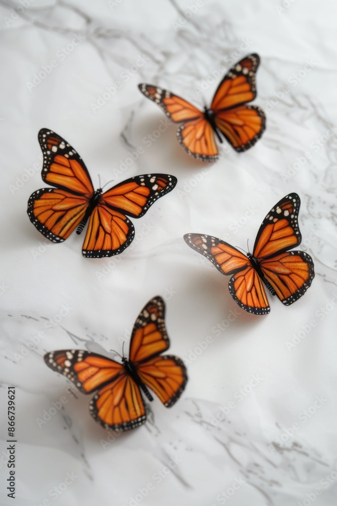 Poster close-up of a group of orange butterflies perched on a table