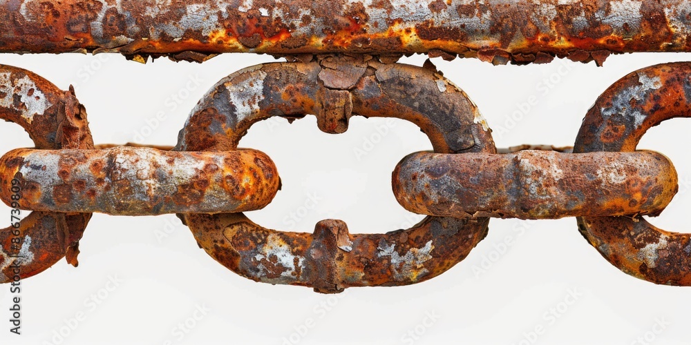 Poster a close-up of a worn-out iron fence with a plain white background