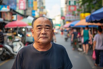 Obraz premium Portrait of a content asian man in his 50s dressed in a casual t-shirt isolated in busy urban street