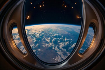 Fototapeta premium Wide view of the earth from space, as seen through the window of a spacecraft, showing the curvature of the planet