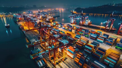 Obraz premium Drone night shot of shipping containers and cranes at a port, nighttime logistics