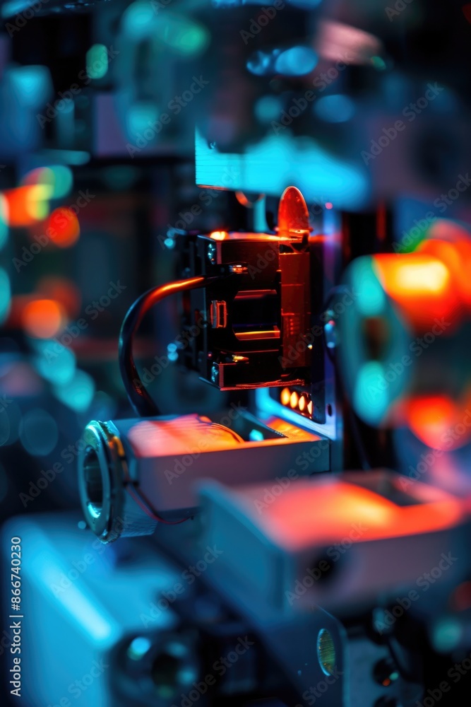 Aufkleber a close-up view of a machine with a bright red light
