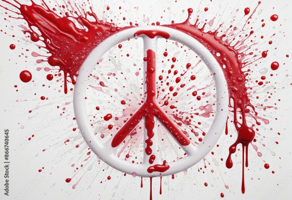 Poster abstract red paint splatter in the shape of a peace sign isolated on white background with clipping 
