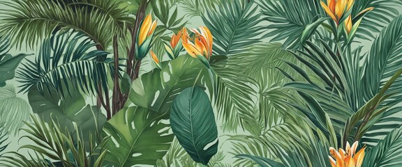 Watercolor botanical wallpaper inspired by lush tropical landscapes and exotic wildlife