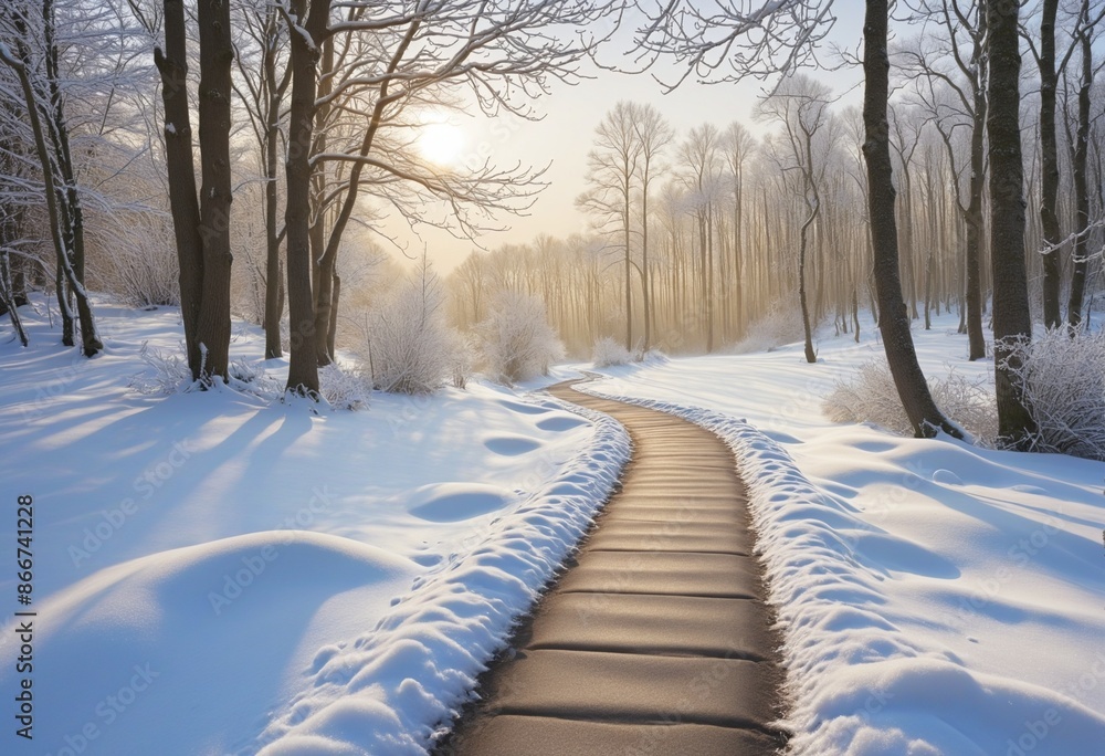Poster tranquil winter landscape with a serene path weaving through snow-dusted trees