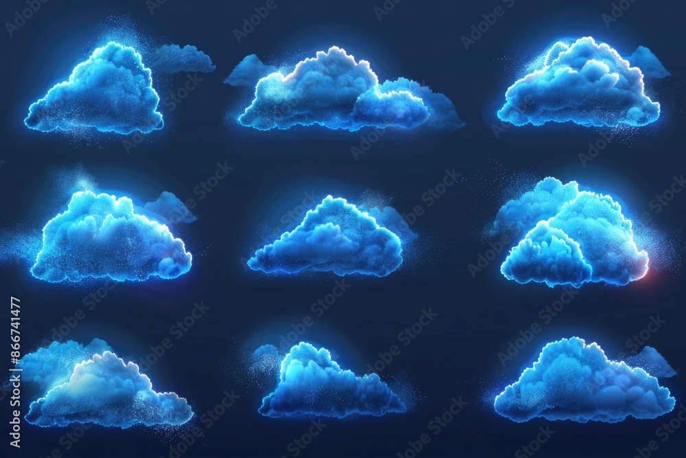 Poster A set of blue clouds with different lighting effects, suitable for use in weather, astronomy or science related contexts
