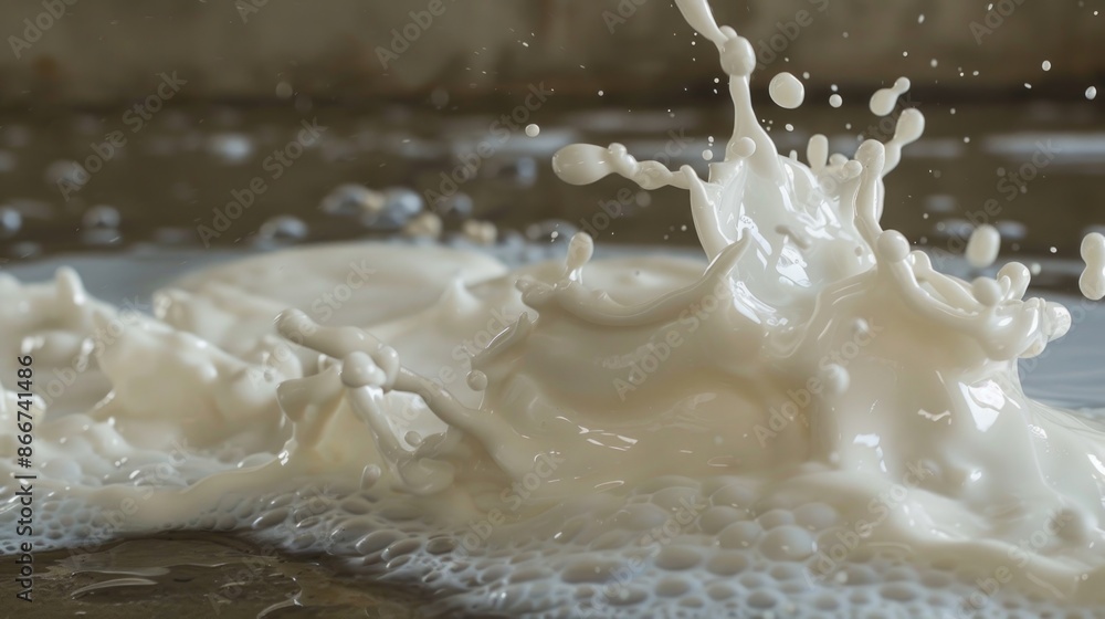 Poster a single splash of milk on a table surface, possibly after being poured or spilled