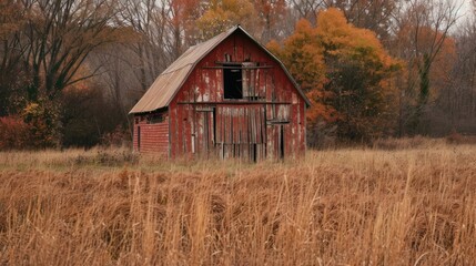 Obraz premium Rural scene with a classic red barn surrounded by a lush field of tall grass