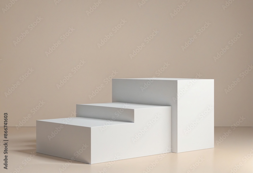 Poster geometric 3d rendering of empty white podium with earth tones color theme for modern exhibition disp