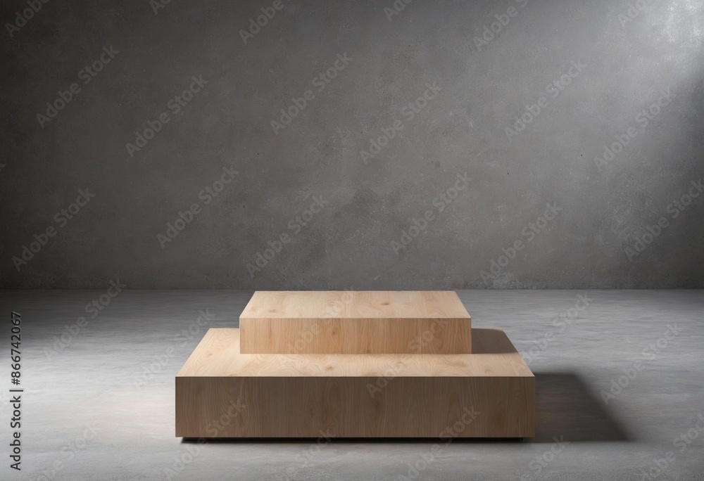 Poster modern wooden podium for product showcase in a minimalistic studio setting with a concrete backdrop 